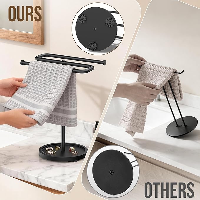 Aetyord Adjustable Hand Towel Holder Stand for Bathroom Countertop, S-Shaped Stainless Steel Towel Rack with Wood Base Strong and Suction Cups, Free Standing Hand Towel Tree for Kitchen Vanity