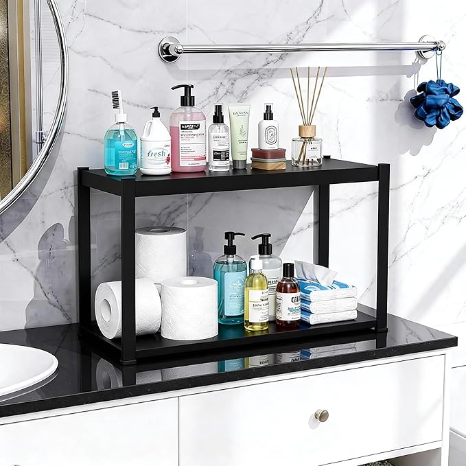 2-Tier Bathroom Storage Shelves, Adjustable Bathroom Organizers and Storage Stand, Heavy Duty Metal Shelving Unit , Classic Open Floor Utility Shelf for Laundry ,Kitchen,Living Room (12"D*14"W*22"H)
