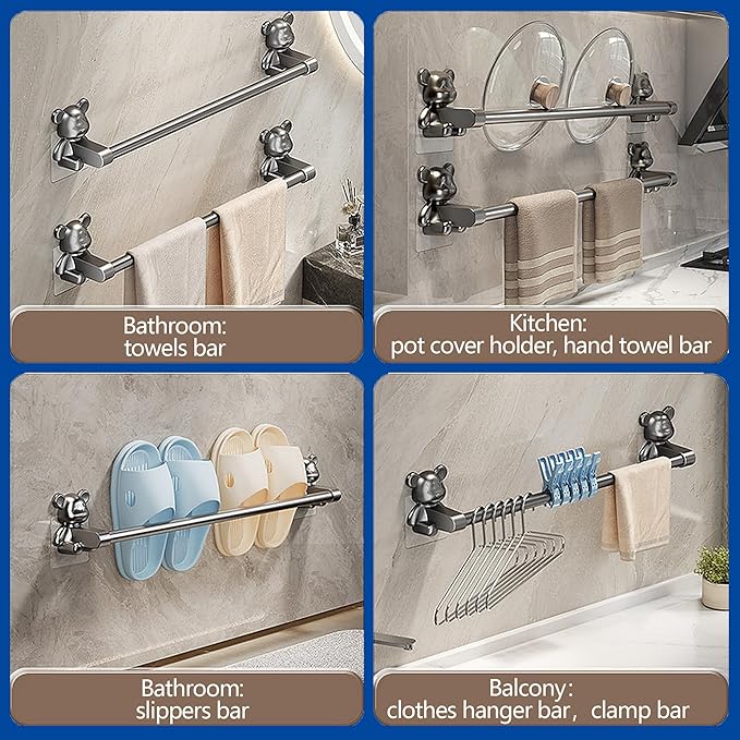 Towel Bar No Holes No Nails - 40cm Gray Bathroom Towel Racks, Wall Mount ABS Towel Holder for Bath,Rust Resistant, Self-Adhesive Buckle Easy Installation,2-Pack