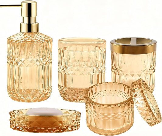 5Pcs Golden Bathroom Accessories Set, Glass Bathroom Accessories, Vintage Bathroom Countertop Decoration Includes Soap Dispenser, Toothbrush Holder, Qtip Holder,Soap Dish and Rinsing Cup