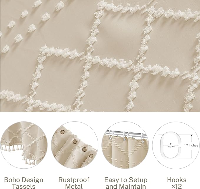 Extra Long Boho Farmhouse Shower Curtain - Woven Fabric Cream/Beige 84 Inch, 72 x 84 Tufted Chevron Textured Striped Modern Minimalist Cloth for Bathroom