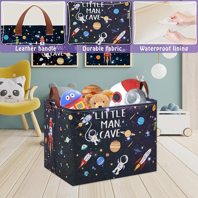 Astronaut Rockets Nursery Laundry Hamper,Space Storage Basket with Inspirational Quotes,Planets Boy Room Decor Shelf Basket ,Rectangular Clothes Book Toy Storage Bin (Black)