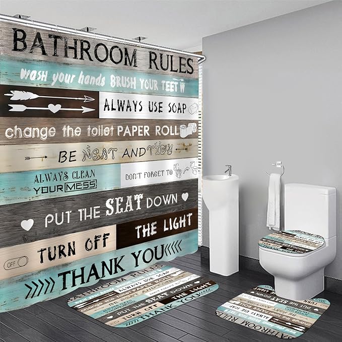 AZHM Inspirational Quotes Shower Curtain Set for Bathroom 4 Pcs Brown Teal Patchwork Design Bathroom Accessory Decor Sets with Shower Curtain and Rugs