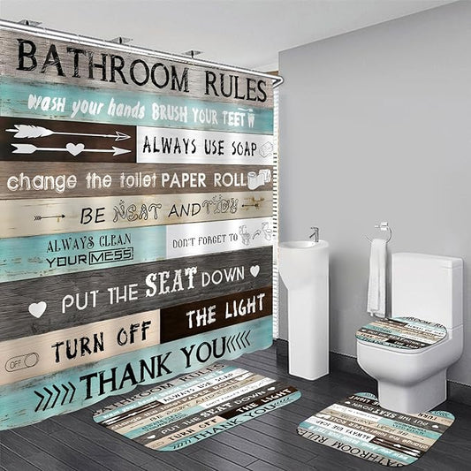 AZHM Inspirational Quotes Shower Curtain Set for Bathroom 4 Pcs Brown Teal Patchwork Design Bathroom Accessory Decor Sets with Shower Curtain and Rugs