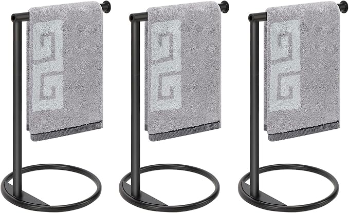 NearMoon Hand Towel Holder Stand, Thicken Metal L Shape Hand Towel Rack, Small Towel Ring, Stable Standing Towel Bar for Bathroom Kitchen Vanity Countertop, 8” L 14” H (Matte Black, 3 Pack)