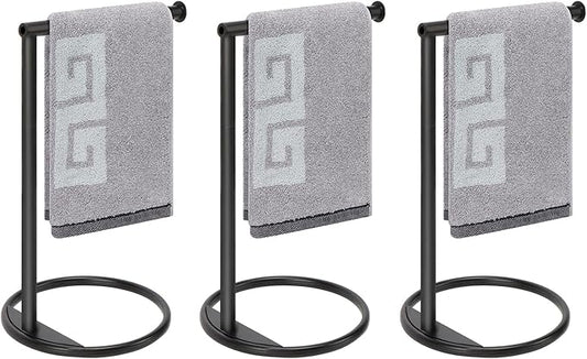 NearMoon Hand Towel Holder Stand, Thicken Metal L Shape Hand Towel Rack, Small Towel Ring, Stable Standing Towel Bar for Bathroom Kitchen Vanity Countertop, 8” L 14” H (Matte Black, 3 Pack)