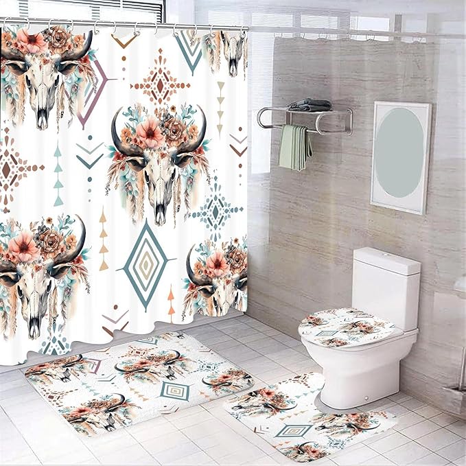 4 Pcs Western Bull Skull Shower Curtain Set, Retro Cow Longhorn Skull Flower Head Bathroom Rug Sets, Boho Farmhouse Shower Curtain and Non-Slip Rugs Toilet Lid Cover Bath Mat Decor with Hooks