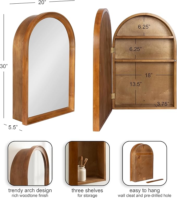 Kate and Laurel Hatherleigh Modern Arched Bathroom Cabinet with Mirror, 20 x 6 x 30, Rustic Brown, Decorative Wooden Bathroom Mirror with Storage for Bath Medicine Cabinet or Over-The-Toilet Storage