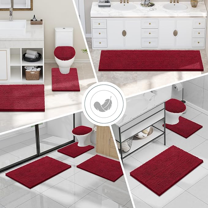 Smiry Luxury Chenille Toilet Rugs U-Shaped 20x20, Soft Absorbent Non-Slip Contour Bathroom Rugs for Toilet, Machine Washable Contoured Bath Mats, Red