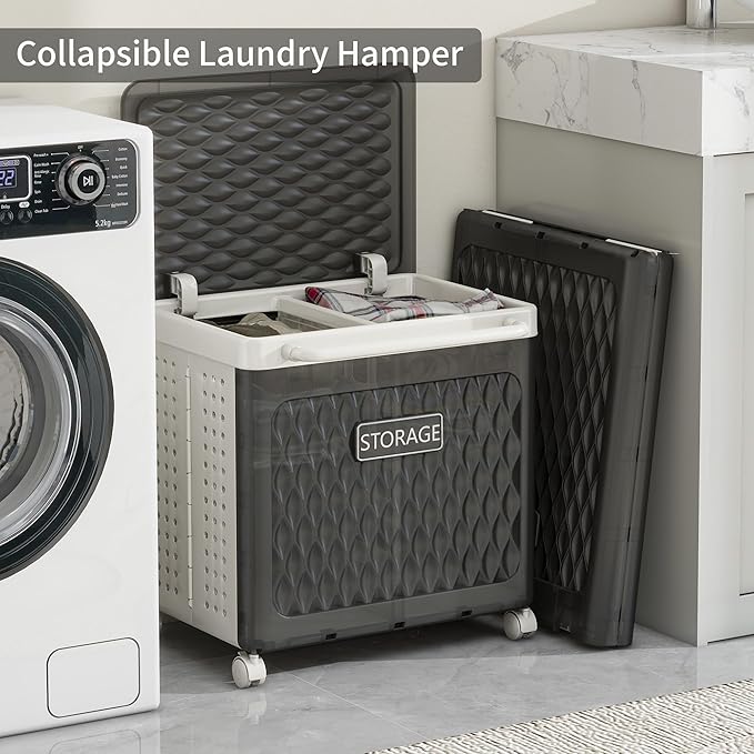 Laundry Hamper with Wheels and Lid, Foldable Clothes Basket for Small Spaces, Rolling Laundry Bin for Laundry Bathroom Bedroom Gym Room