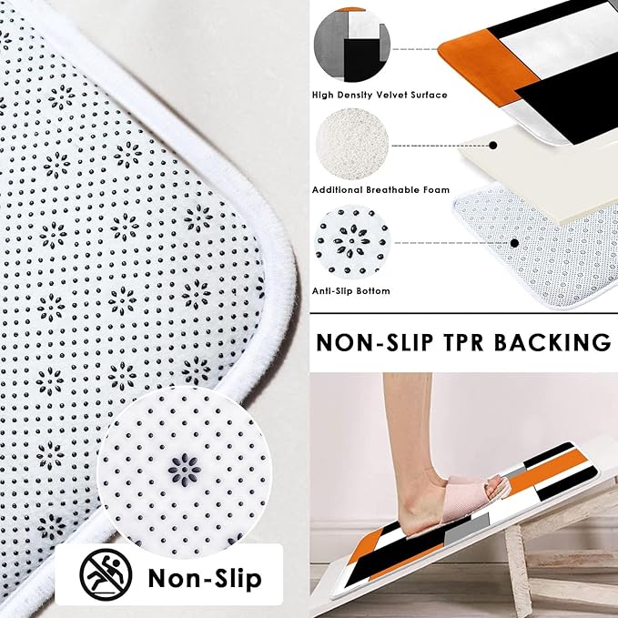 Orange Geometric Shower Curtain Set with Toilet Lid Cover and Non-Slip Rugs for Bathroom, Black White Grey Checkered 4 Pcs Shower Curtain, Modern Abstract Bathroom Set with 12 Hooks