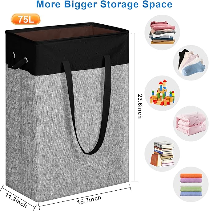 Stero Fabric Laundry Hamper, 75L Large Laundry Basket with Handles, Collapsible Dirty Clothes Hamper for Laundry Dorm, Bedroom, Bathroom, Black&Gray