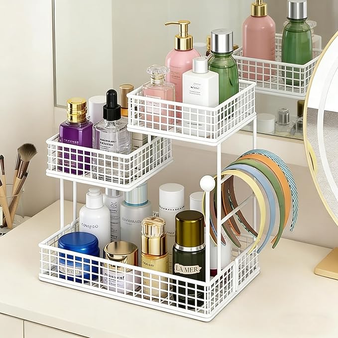 3-Tier Metal Cosmetic Organizer,Cosmetic Storage Rack for Vanity Tables,Multipurpose Metal Bathroom Organizers and Storage, Home and Office use Countertop Organizer (Square-White)