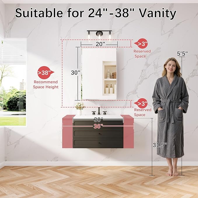 20x30 Medicine Cabinet with Mirror, 6 Adjustable Tempered Glass Shelves, Soft-Close DTC Hinges, Matte Black Aluminum Bathroom Storage, Surface or Recessed Mount, Tempered Beveled Mirror