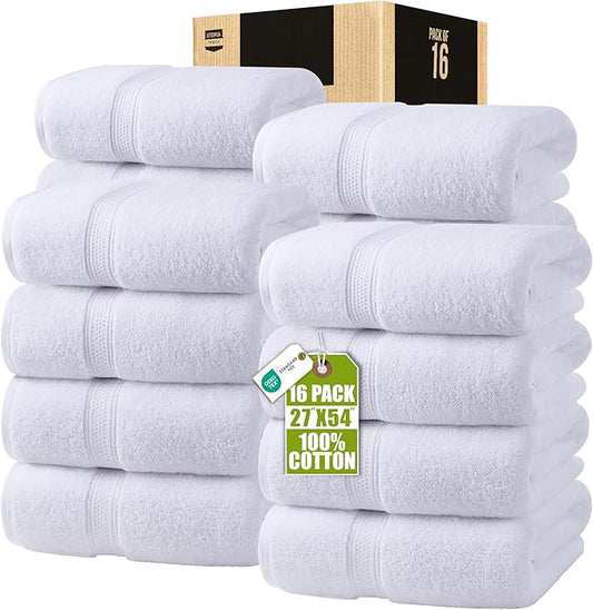 Utopia Towels 16 Pack Premium Bath Towels Set, 27 by 54 Inches, 100% Ring Spun Cotton 600GSM, Lightweight and Highly Absorbent Quick Drying Towels, Perfect for Daily Use, White