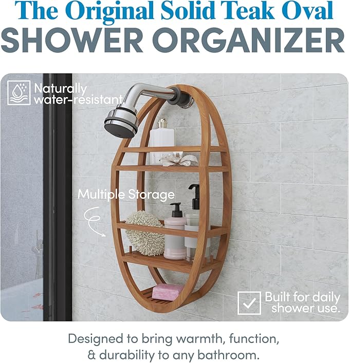 AquaTeak Patented Moa Oval Teak Shower Organizer - Hanging Shower Caddy with Wood Shelves, Hooks & Soap Holder - Durable, Water-Resistant Bathroom Storage with Space-Saving Design
