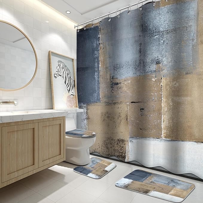 Lnond 4Pcs Bathroom Shower Curtain Sets with Rugs,Brown and Blue Painting Art Bathroom Sets with Shower Curtain and Rugs and Accessories