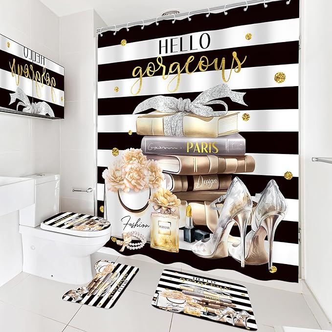 Cinbloo 4Pcs Black Yellow Shower Curtain Set, Fashion Flower Perfume Women Girl Girly Modern Bathroom Curtain with Rug, Toilet Lid Cover, Bath Mat, High Heels Magazine Shower Curtain with 12 Hooks