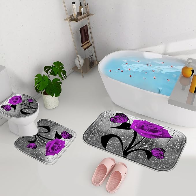 Poedist 4 Pcs Bathroom Shower Curtain Set,Purple Rose Bathroom Set, Shower Curtain Sets with Rugs(Bath Mat,U Shape and Toilet Lid Cover Mat) and 12 Hooks