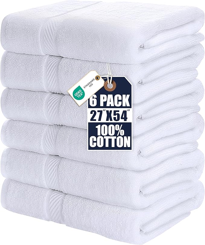 Utopia Towels 6 Pack Bath Towel Set (27 x 54 Inches), 500 GSM 100% Ring Spun Cotton Medium Lightweight and Highly Absorbent Quick Drying, Premium Towels for Hotel, Spa and Bathroom (White)