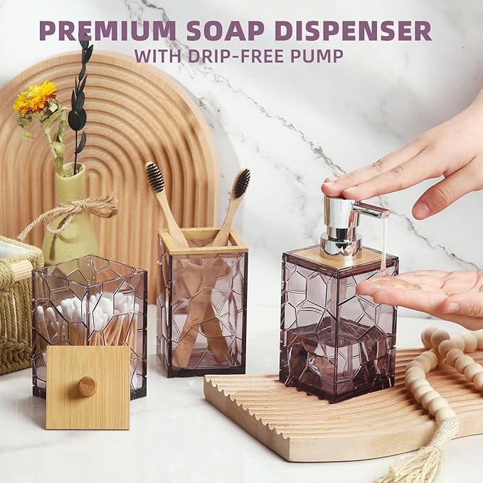GAHEFY Lavender Purple Bathroom Accessories Set, Toothbrush Holder, Soap Dispenser, Cotton Swabs Holder, Soap Dish, Toilet Brush with Holder, Bamboo Bathroom Decor,Acrylic (Purple)