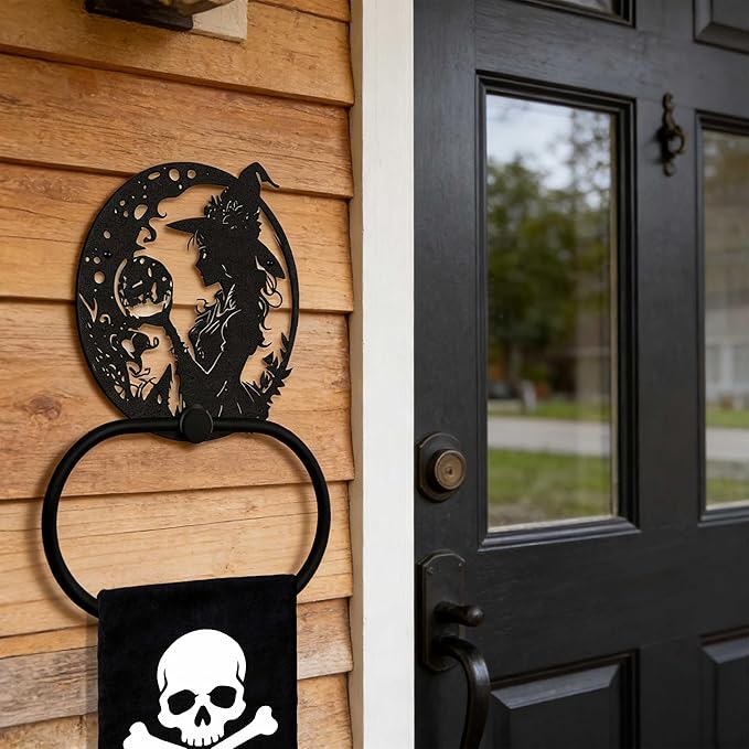 Gothic Witch Metal Towel Ring, Spooky Spiritual Wiccan Goth Hand Towels Holder Home Decor, Bathroom & Kitchen Accessories, Witchy Towel Hanger Gifts for Halloween Indoor Outdoor