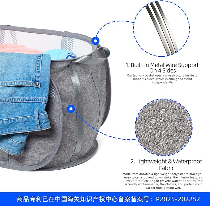 Tear Proof Pop Up Laundry Hampers, with Strong Handles Laundry Hamper, Easy to Carry & Go Up and Down Stairs, Honeycomb Mesh-Breathable, Easy to Collapsible Laundry Basket. (1.5 Loads)