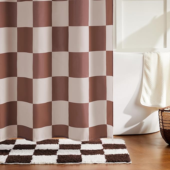 Checkered Shower Curtain, Khaki Beige Shower Curtains for Bathroom, Cute Retro Checkboard Shower Curtain Vintage Aesthetic, Washable Fabric Bath Curtain 72''x72''