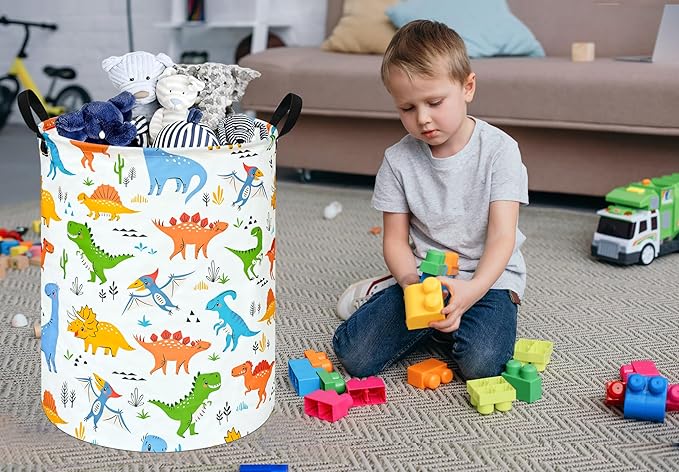 Round Dinosaur Pattern Laundry Hamper Clothes Storage Basket Fabric Storage Hamper Organization Storage Bin, Nursery Box,Gift Basket with Handles