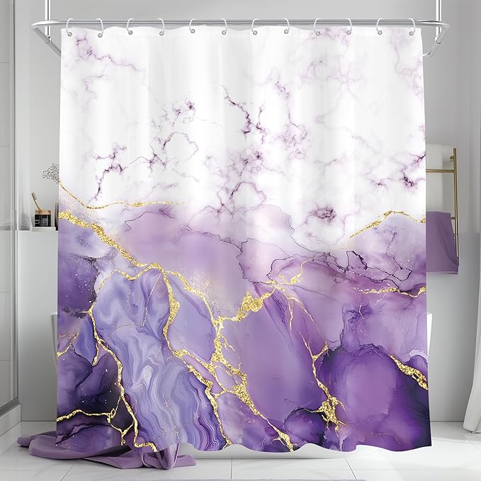 Cinbloo Purple Marble 72Wx72H Shower Curtain Abstract Modern Lilac Gold Cracked Lines Ombre Minimalist Elegant Contemporary Luxury Bathroom Curtain Set Aesthetic Bath Bathroom Accessories Decor