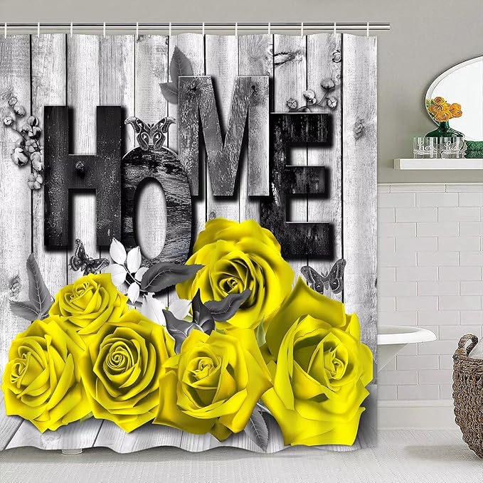 Yddsky Yellow Rose Valentines 4 Pcs Shower Curtain Sets Non-Slip Rugs Bath Mat Toilet Cover U Shaped Mat Romantic Yellow Bathroom Decor with 12 Hooks Valentines Day Bathroom Set