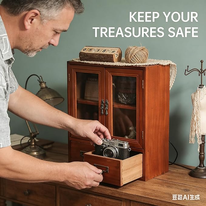 Rustic Vintage Mini Pine Counter Top Cabinet - 12" L x 4.7" W x 14" H with 2 Doors & 2 Drawers, Antique Apothecary Spice Cabinet for Kitchen, Bathroom, Office Organization & Storage(Brown)