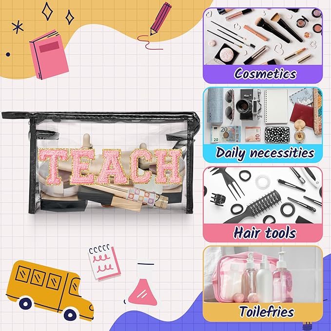 CY2SIDE TEACH Clear Makeup Bag - Pink TEACH Letter Patch Cosmetic Bag with Handle for Travel PVC Zipper Clear for Toiletries Waterproof Portable Travel Organizer Teacher Appreciation Gifts, Black