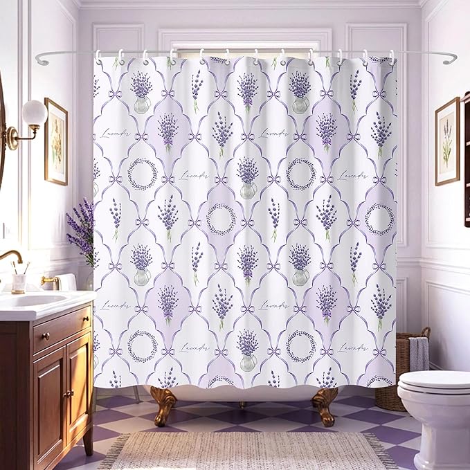 Light Purple Lavender and Lilac Shower Curtains,Cute Preppy Floral Bath Curtains for Bathroom,French Country Farmhouse Waterproof Polyester Fabric Bathroom Decor,72x72 Inch
