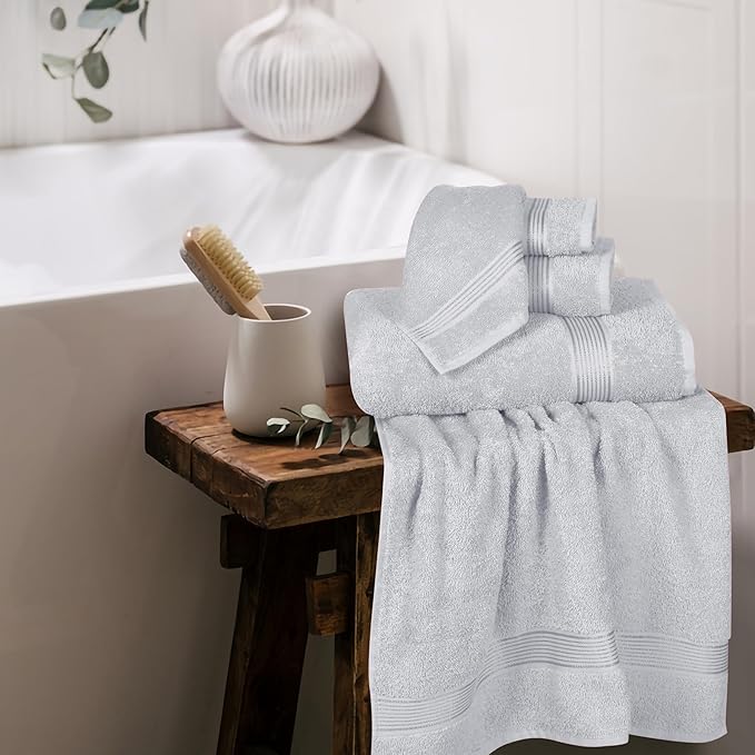 Elvana Home Ultra Soft 6 Pack Cotton Towel Set, Contains 2 Bath Towels 28x55 inch, 2 Hand Towels 16x24 inch & 2 Wash Coths 12x12 inch, Ideal for Everyday use, Compact & Lightweight - Light Grey