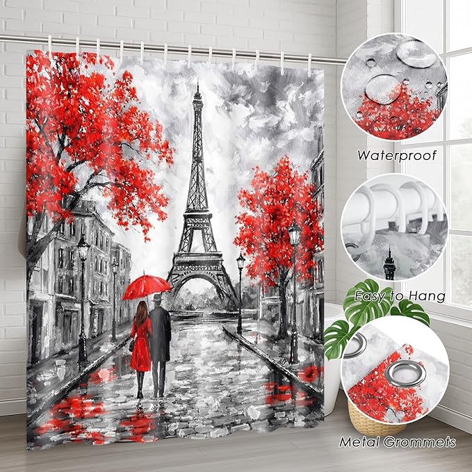 Britimes 4 Piece Shower Curtain Sets, Red Background Paris Eiffel Tower with Non-Slip Rugs, Toilet Lid Cover and Bath Mat, for Bathroom Decor Set, 72" x 72"