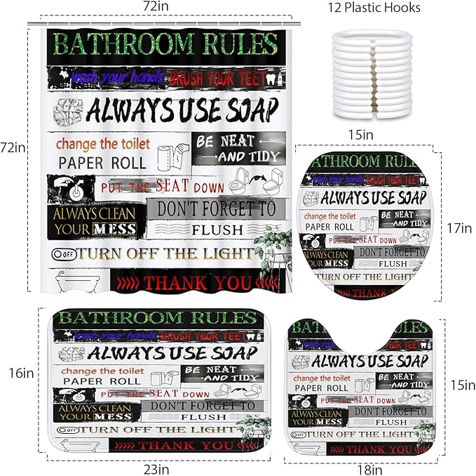 Britimes 4 Piece Shower Curtain Sets with 12 Hooks, Letter Rules Pattern Funny Teen Boy Girl Cute Colorful with Non-Slip Rugs, Toilet Lid Cover and Bath Mat for Bathroom Decor Set 72" x 72"