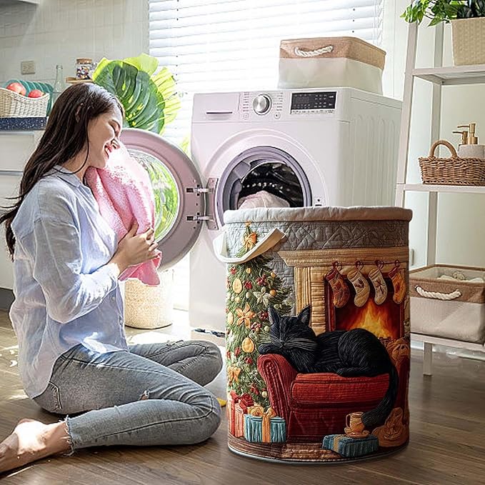 Cute Cat Quilted Laundry Basket with Handles, Boho Floral Fabric Quilted Laundry Basket, Large Soft Collapsible Storage Hamper for Nursery, Bedroom, Bathroom, Clothes & Toy Organization (#03)