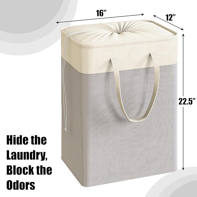 Simple Houseware 75L Collapsible Laundry Hamper, Rectangle Cotton Basket with Drawstring Closure and Handles, Gray