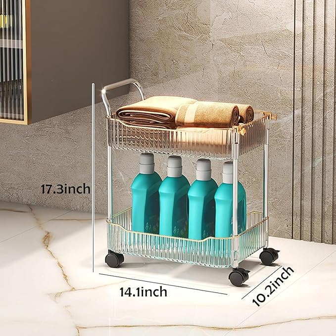 Acrylic Storage Trolley, Laundry Room Organization Mobile Shelves Bathroom Kitchen Rolling Utility Cart with Handle and Lockable Wheel(Clear,14.1x10.2x17.3inch)