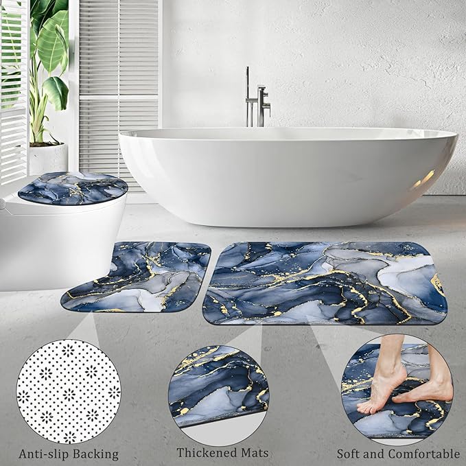 4PCS Navy Blue Marble Shower Curtain Sets with Rugs, Abstract Dark Blue Bathroom Sets with Shower Curtain and Rugs, Modern Bathroom Curtains Shower Set with Toilet Lid Cover