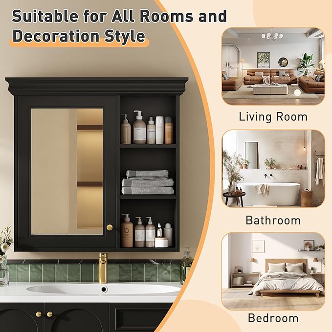 Merax Modern Bathroom Medicine Cabinet with Mirror, 30" x 28" Wall Mounted Medicine Cabinet with Storage and Open Shelves, Over The Toilet Mirrored Wall Storage