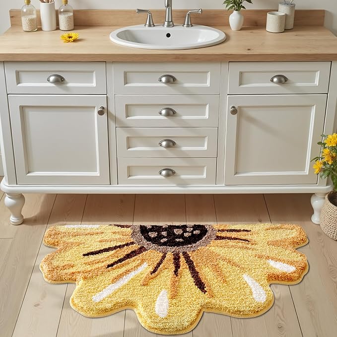 LUMI Floral Bath Mat, Sunflower Bathroom Rug, Soft Plush Fluffy Yellow Bath Mat, Absorbent, Non-Slip for Bathroom, Kitchen Sink, Bedroom, Kid's Bedroom, and Living Room, 20"x36"