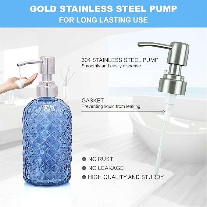 LaMarriti Blue Bathroom Accessories Set, 4Pcs Clear Glass Bathroom Accessory Set, Lotion Soap Dispenser, Toothbrush Holder Set, Soap Dish, Qtip Holder for Vintage Crystal Bath Decor, Light Blue