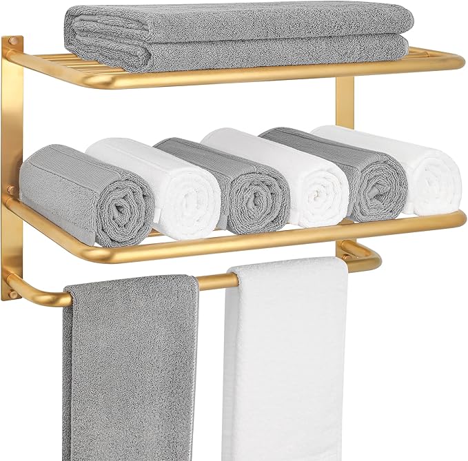 Towel Rack for Bathroom, DEWVIE 23 Inch Tower Holder with Tower Bars, SUS 304 Stainless Steel Lavatory Bath Towel Shelf Towel Hanger Wall Mount, 3-Tier (Brushed Gold)
