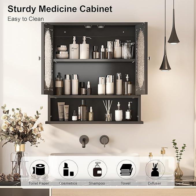 23x24 Black Bathroom Medicine Cabinet,2 Acrylic Doors Oval Bathroom Wall Cabinet,Over The Toilet Storage Cabinet for Bathroom/Kitchen/Living Room,Wall Mounted Medicine Cabinets Over Toilet