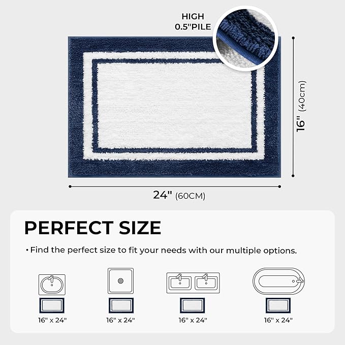 GRANNY SAYS Microfiber Bathroom Rugs Non Slip Washable, Water Absorbent Bathrooms Mats for Tub, Soft Bath Mats for Bathroom Floor & Shower, Bath Rug, 16" x 24", Navy Blue Bath Rugs
