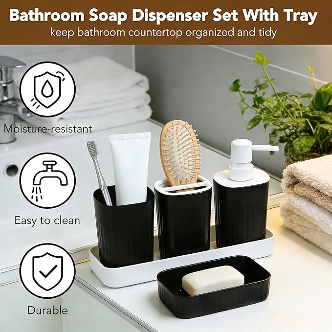 Bathroom Accessories Set 5pcs- Bathroom Set, Plastic Bathroom Accessory Sets with Lotion Soap Dispenser, Soap Dish, Toothbrush Holder, Toothbrush Cup, Vanity Tray, Boho, Modern Bath Decor, Matte Black