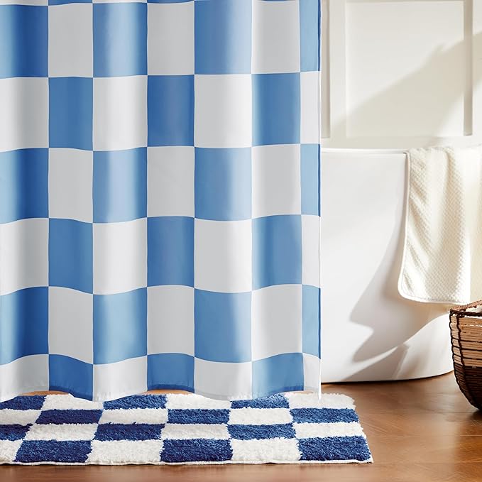 Checkered Shower Curtain, Blue Shower Curtains for Bathroom, Cute Retro Checkboard Shower Curtain Vintage Aesthetic, Washable Fabric Bath Curtain 72''x72''