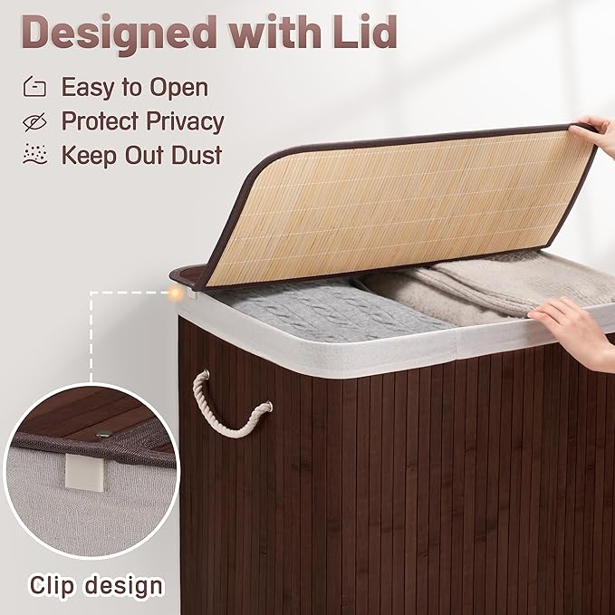 Aliphon 100L Laundry Hamper with lid, 2-Section Clothes Laundry Basket with Handles, Large Collapsible Bamboo Baskets for Bedroom, Bathroom, Dorm, Brown